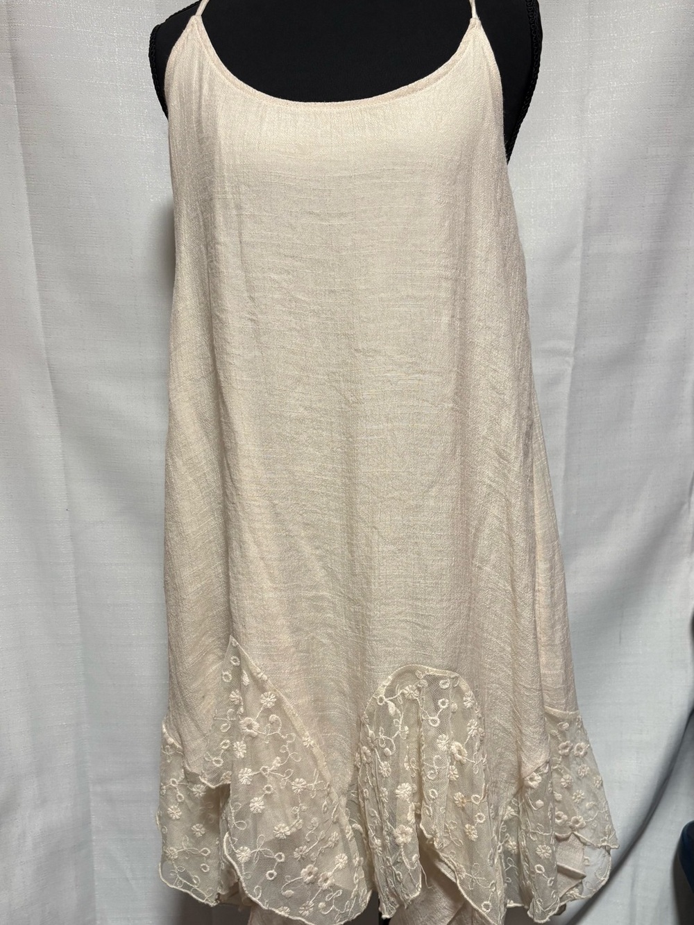 Cream Lace-Trim#Swing Dress!entro.Sleeveless,Strappy,Flowy!Cool, Lightweight Fun